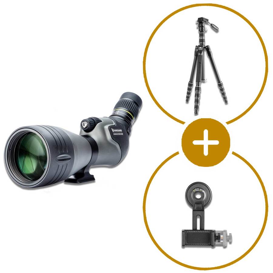 Pacchetto cannocchiale Vanguard Endeavor 82hd 20-60 x 80 + treppiede veo3 go 265hap + kit digiscoping 
